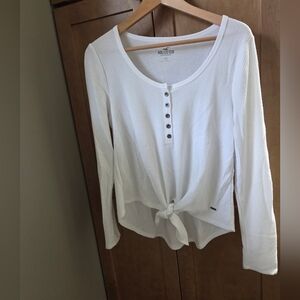 Hollister Women's Ribbed White Long Sleeve Henley Tee With Front Tee